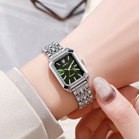 Montre femme carrée en acier avec cadran vert argenté, bracelet en